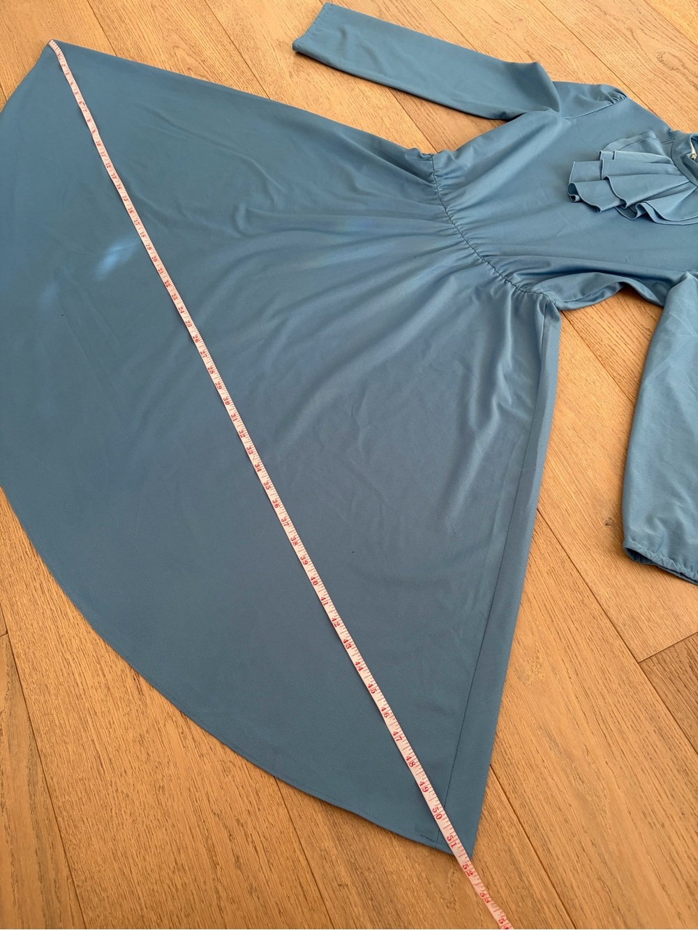 Vintage Dusty Blue Long-Sleeve Ruffle-Neck Fit-and-Flare Dress - Picture 5 of 7